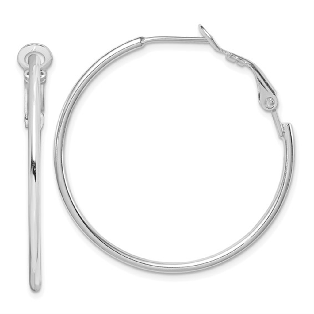 Sterling Silver Rhodium-Plated Omega Back Hoop Earrings – 34.5x1.9mm, 2.9g