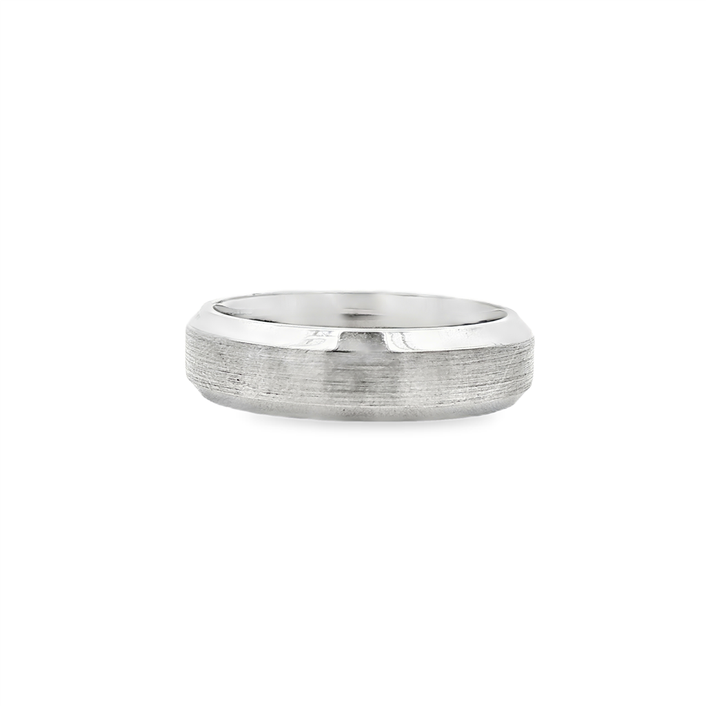 18K White Gold 6mm Beveled Edge Men’s Band with Brushed Center – 6mm