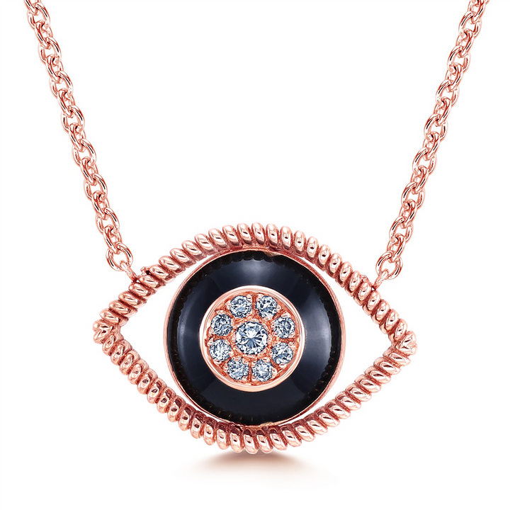 18K Rose Gold Evil Eye Necklace With Black Enamel & Diamonds 0.14ctw.