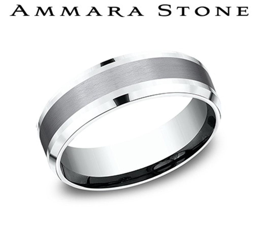 Benchmark Ammara Stone Collection 14K White Gold & Tantalum Men’s Beveled Edge Band with Satin Gray Center – 7mm