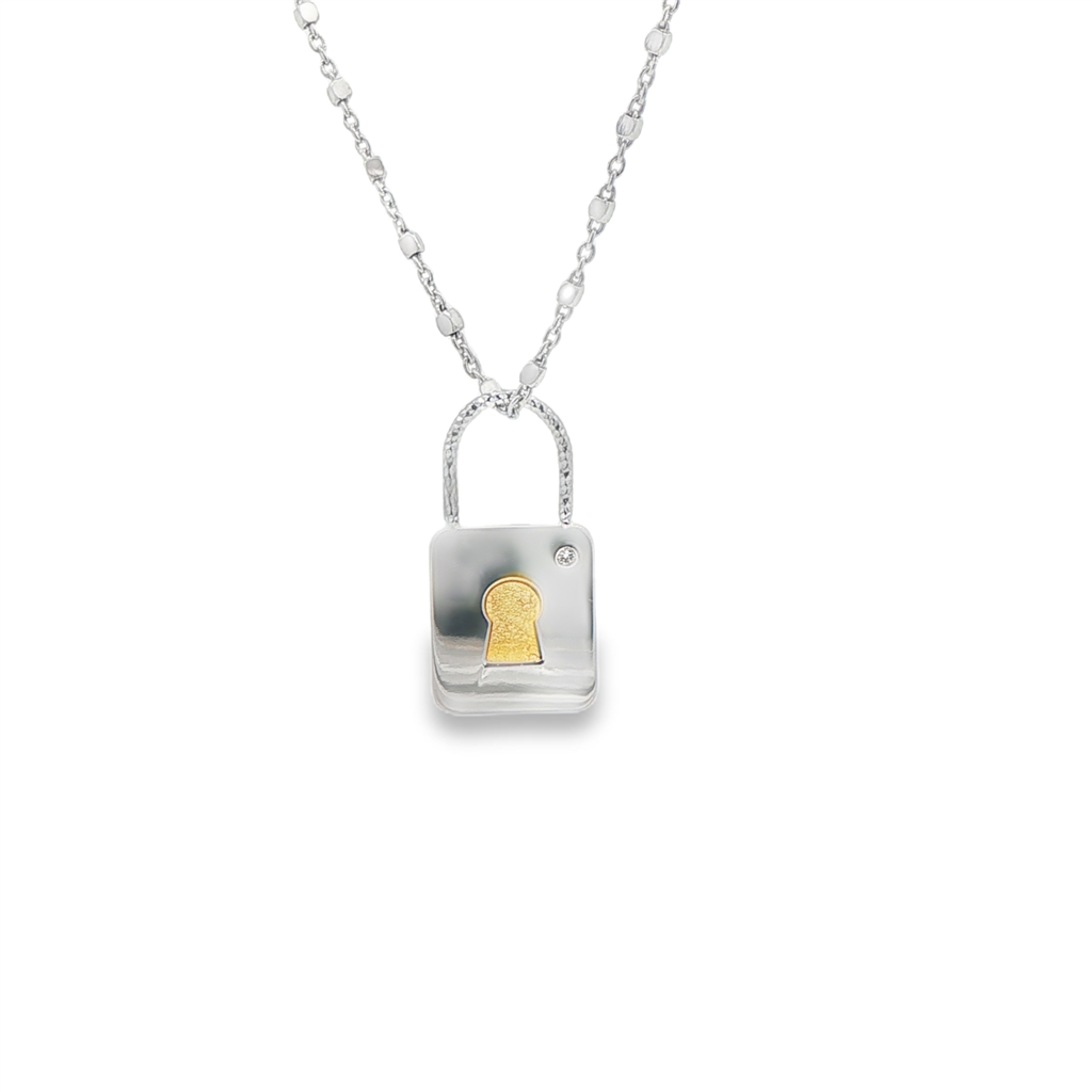 Frederic Duclos Sterling Silver & Yellow Gold-Plated Square Key Locket Necklace with Diamond – 18–20", 7.6g