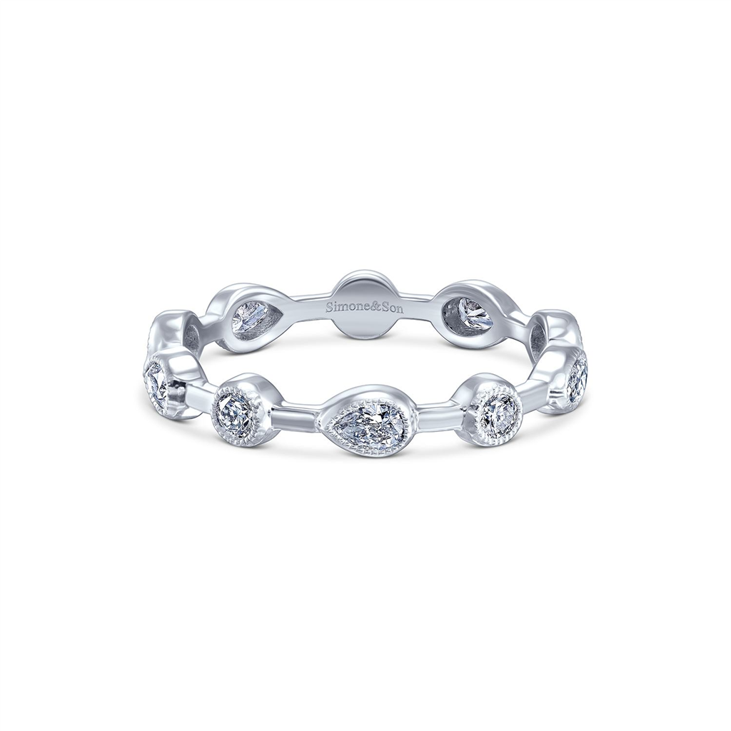 14K White Gold Diamond Pear Shaped & Round Bezel Band - 0.55ctw.