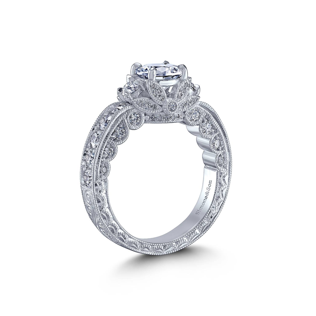 18K White Gold Hand-Engraved Diamond Semi-Mount Engagement Ring – 1.20ctw.