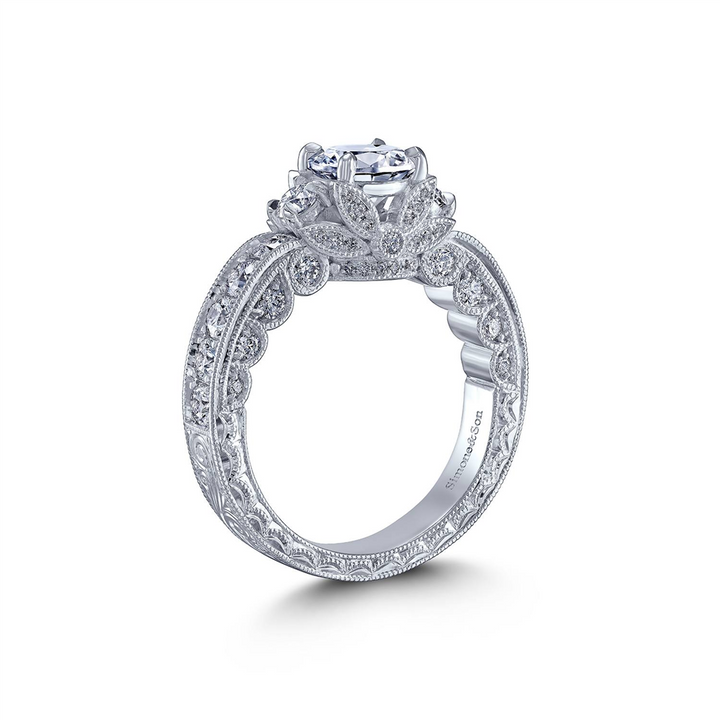 18K White Gold Hand-Engraved Diamond Semi-Mount Engagement Ring – 1.20ctw.