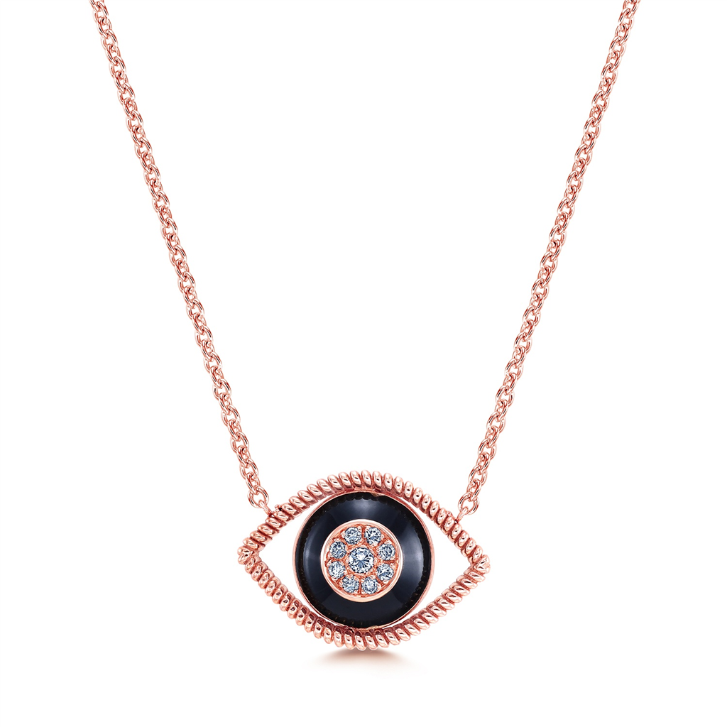 18K Rose Gold Evil Eye Necklace With Black Enamel & Diamonds 0.14ctw.