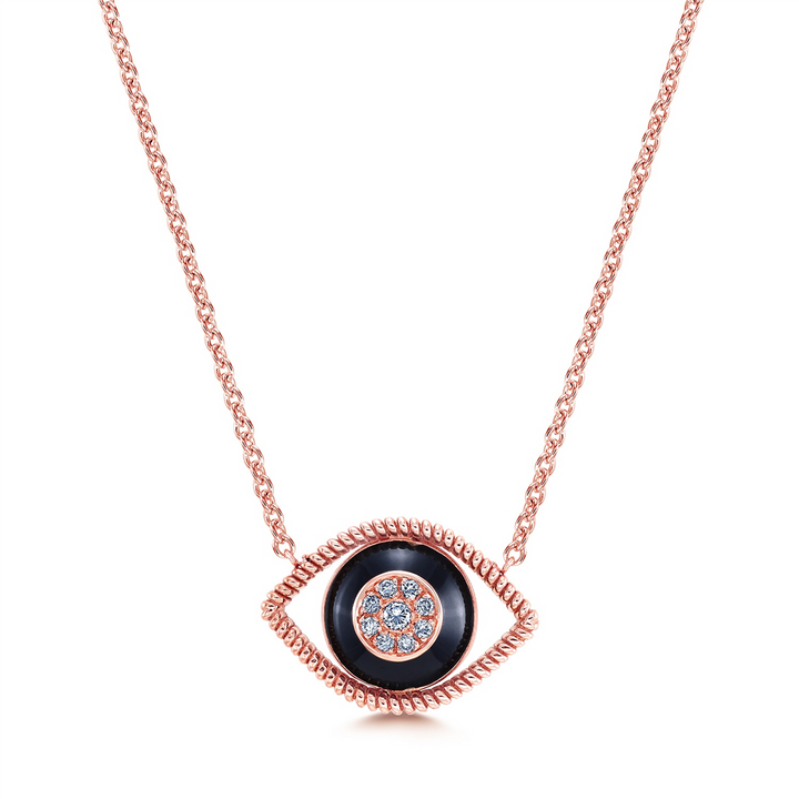 18K Rose Gold Evil Eye Necklace With Black Enamel & Diamonds 0.14ctw.