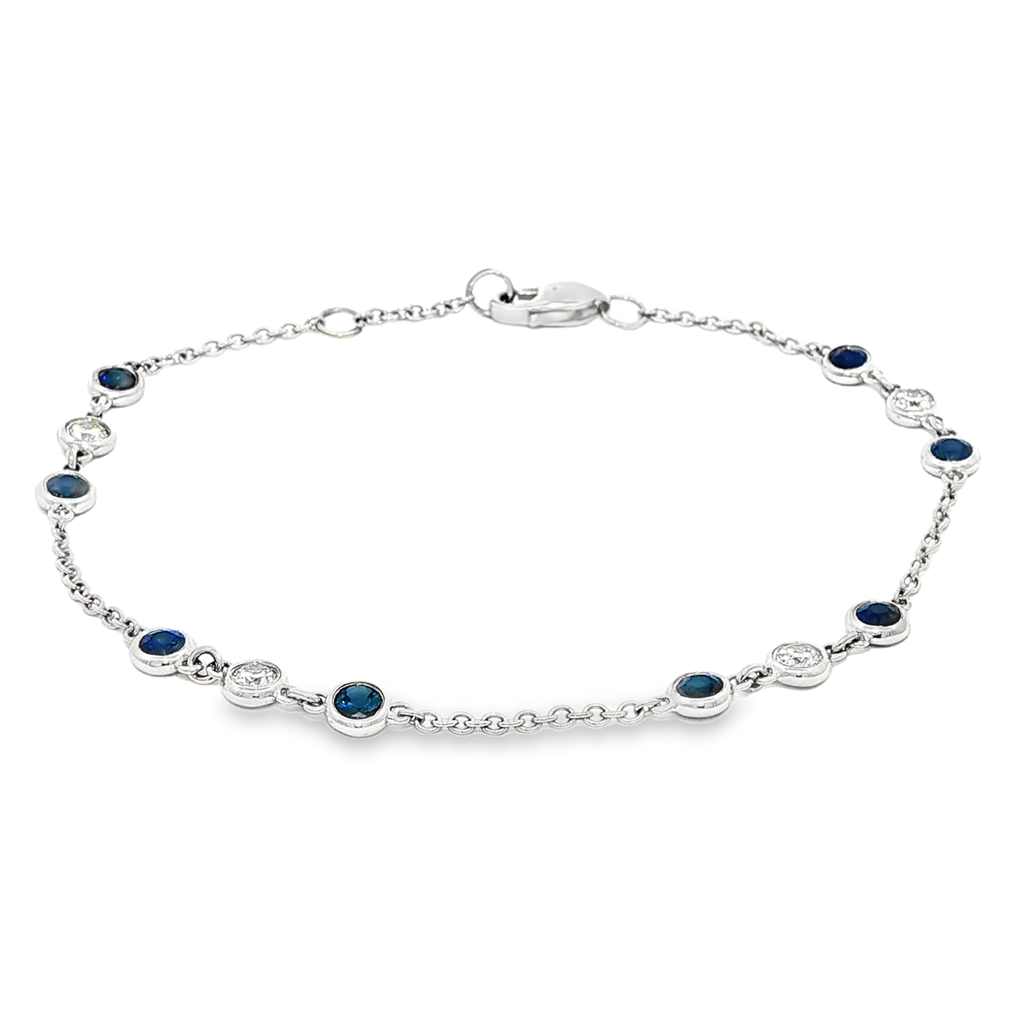 14K White Gold Blue Sapphire and Diamond Bezel Bracelet – 1.11ctw.