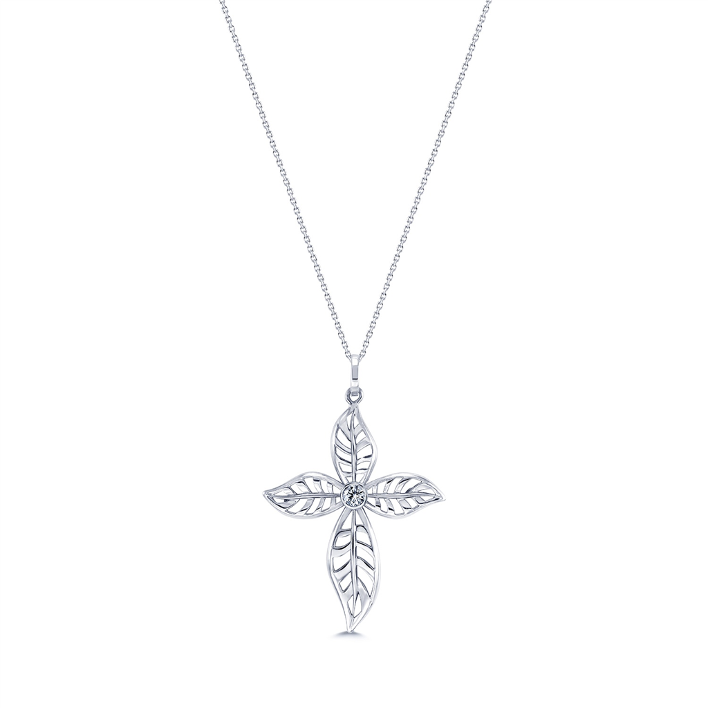 18K White Gold Leaf Cross Pendant – 0.31ctw.