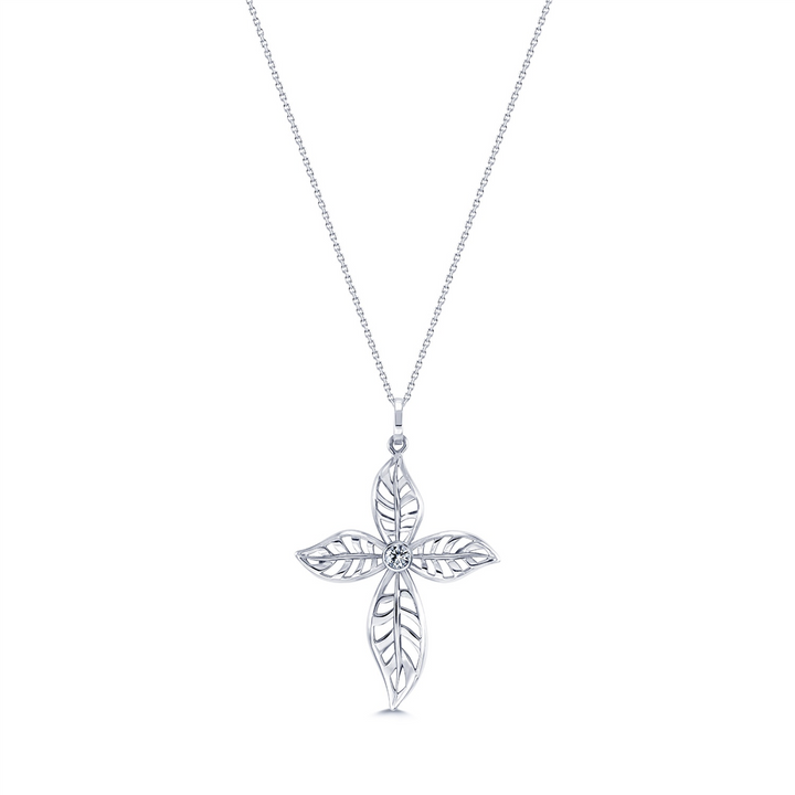 18K White Gold Leaf Cross Pendant – 0.31ctw.