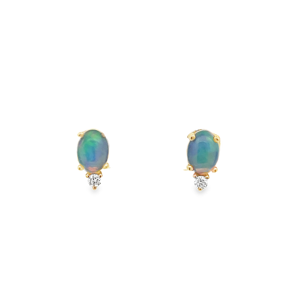 14K Yellow Gold Oval Opal & Diamond Stud Earrings – 7x5mm Opals, 0.08ctw. Diamonds