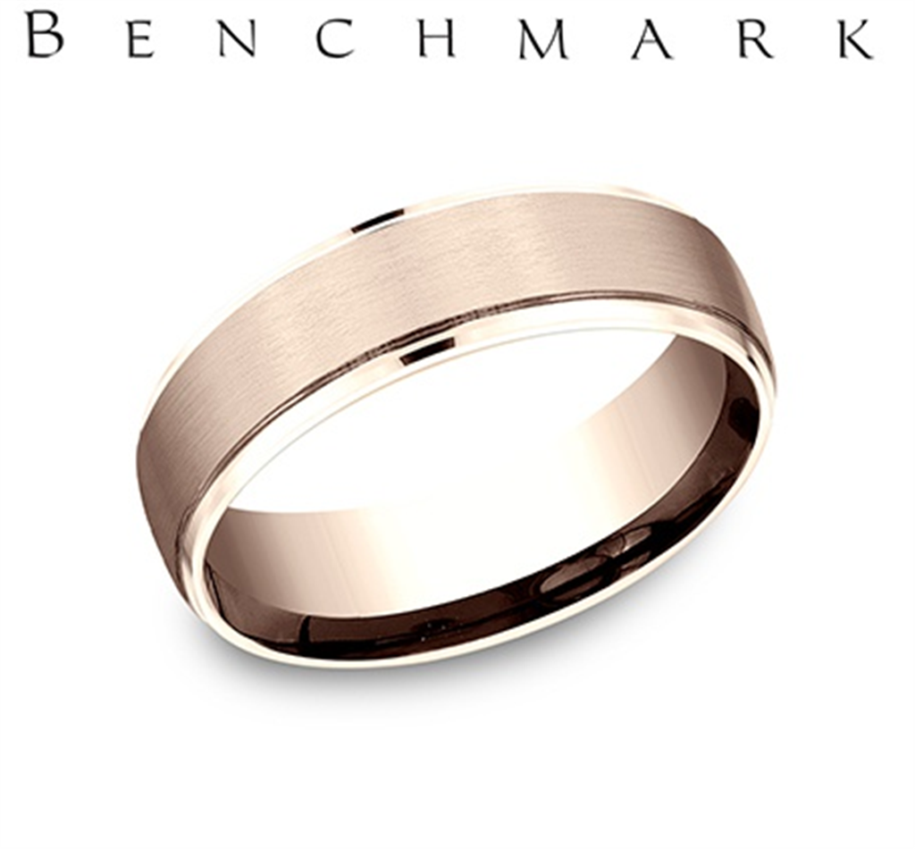 Benchmark 14K Rose Gold Men’s Drop Edge Wedding Band with Brushed Center and Polished Edges – 6.4mm
