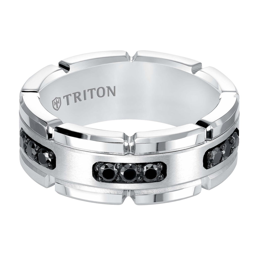 Triton White Tungsten Carbide Ring with Black Diamond Satin Center and Link Edge – 8mm