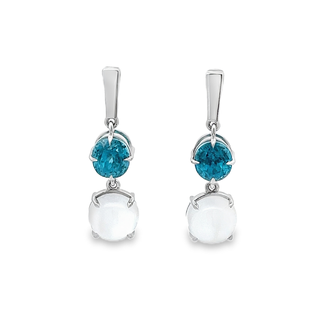 14K White Gold Blue Zircon and Moonstone Earrings - 23.32ctw.