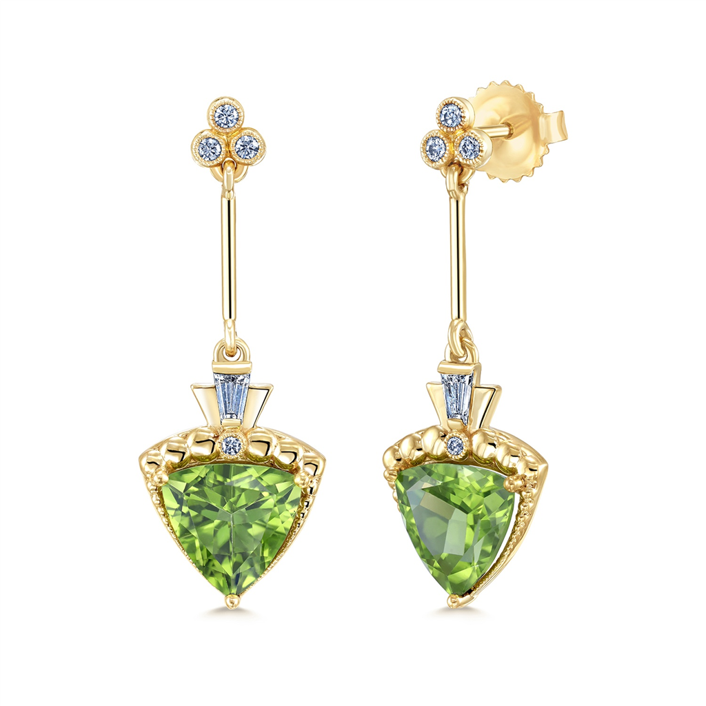 14K Yellow Gold Trillion Peridot and Diamond Earrings – 5.15ctw