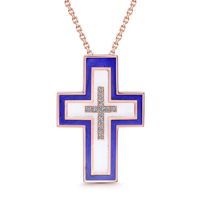 18K Rose Gold Enamel Floating Cross Pendant With Diamonds - 0.06ctw.