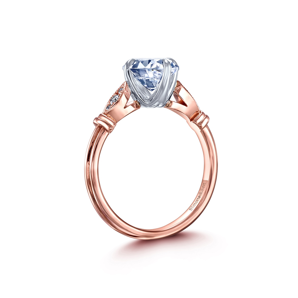 14K Rose & White Gold Leaf Motif Diamond Semi-Mount Engagement Ring - 0.06ctw.