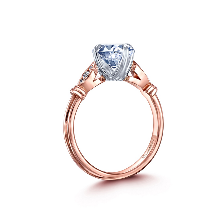 14K Rose & White Gold Leaf Motif Diamond Semi-Mount Engagement Ring - 0.06ctw.
