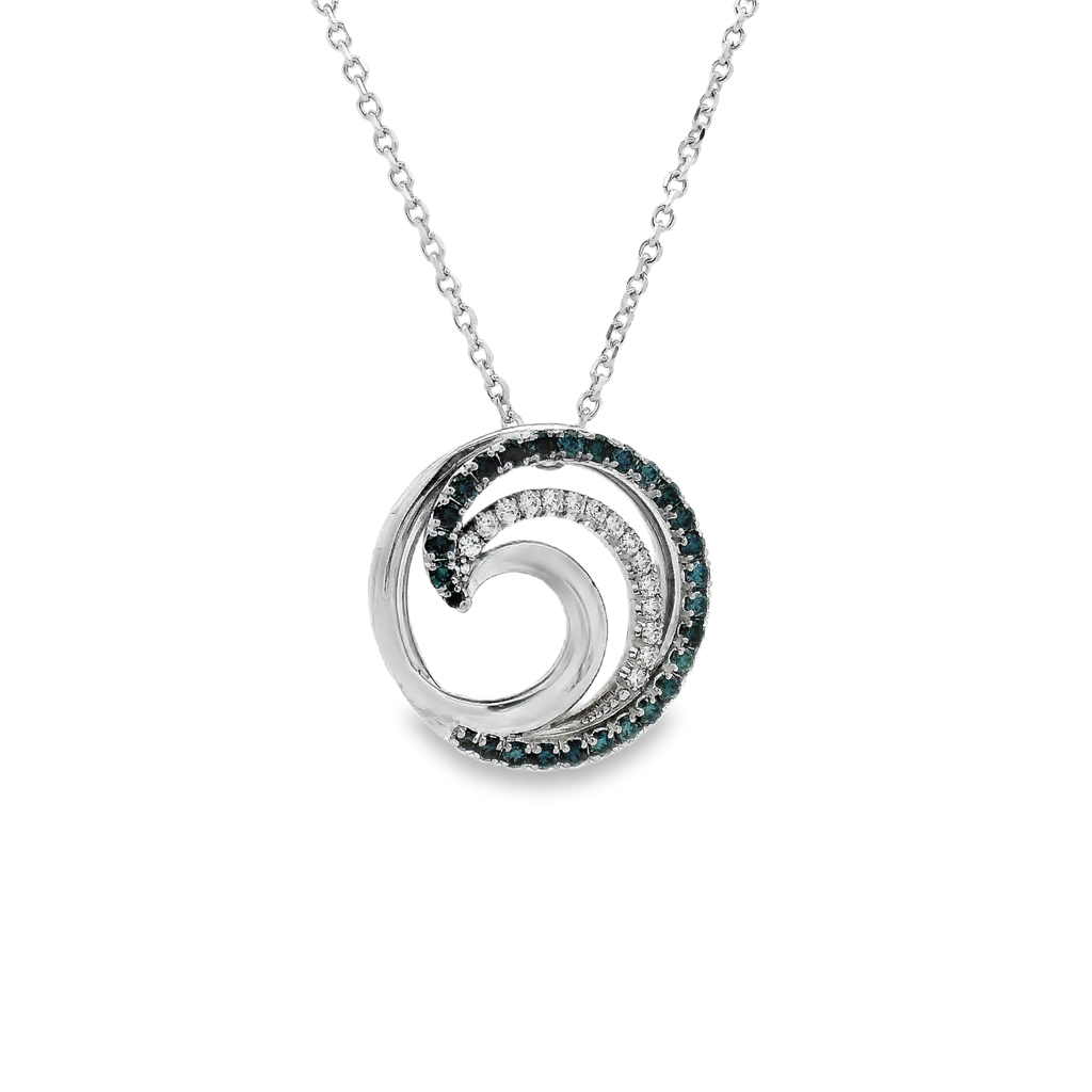 14K White Gold Diamond & Blue Diamond Wave Pendant – 0.46ctw.