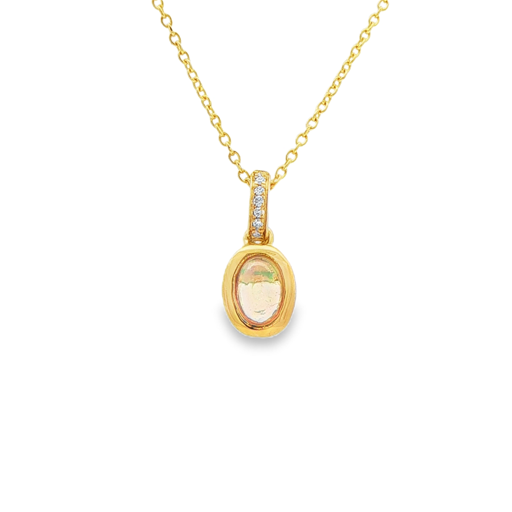 14K Yellow Gold Bezel Opal & Diamond Pendant – 6x4mm Opal, 0.03ctw Diamonds
