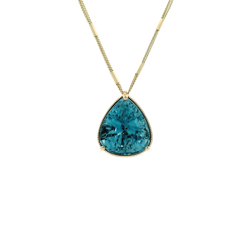 14K Yellow Gold Pear-Shaped Blue Zircon Pendant – 13.85ct