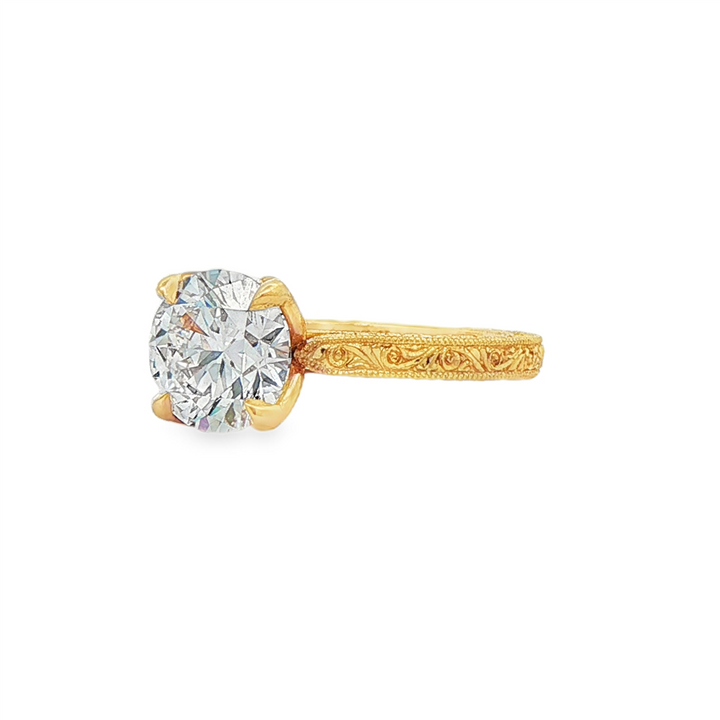 14K Yellow Gold Hand Engraved Tulip Design Diamond Engagement Ring – Semi-Mount | Size 6