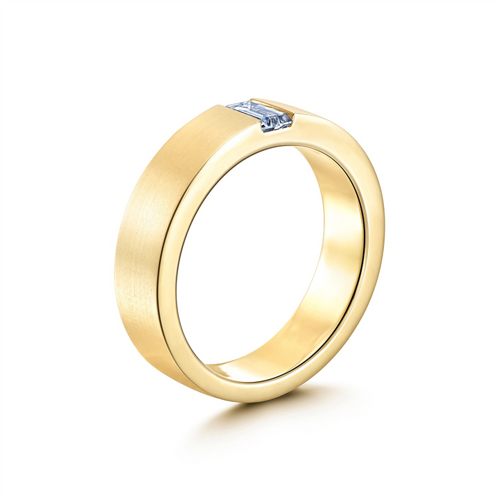 14K Yellow Gold Men's Brushed Band with Natural Baguette Diamond