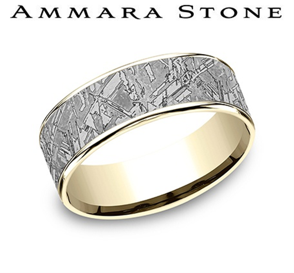 Benchmark Ammara Stone Collection 14K Yellow Gold & Tantalum Men’s Straight Edge Band with Gray Faux Meteorite Center – 7.5mm