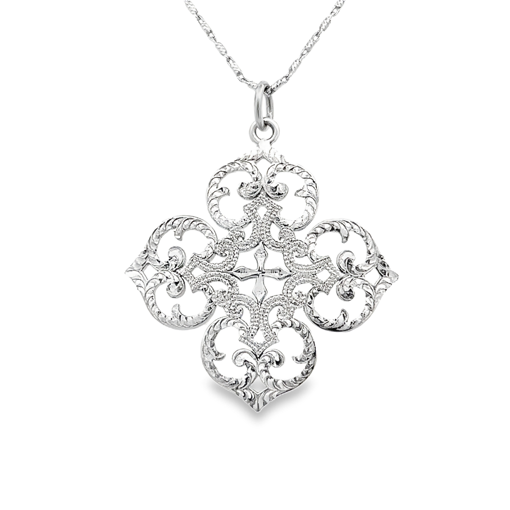 18K White Gold Hand-Engraved Motif Pendant