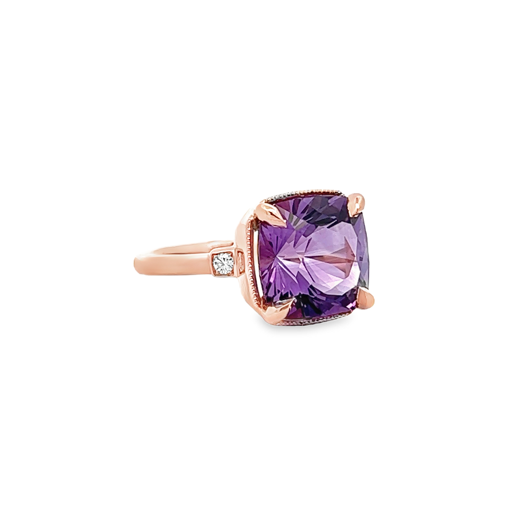 14K Rose Gold Custom-Cut Amethyst & Diamond Ring – 5ct Amethyst, 0.04ctw Diamonds