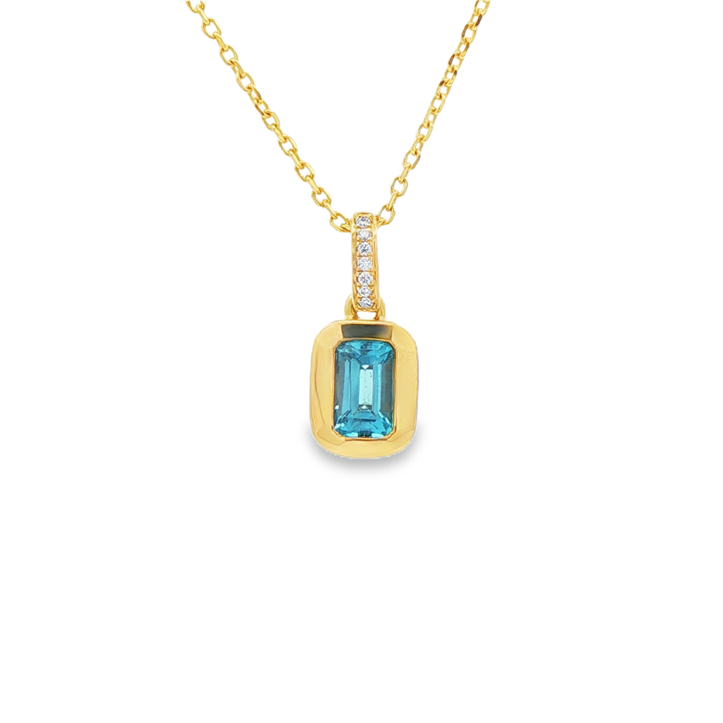 14K Yellow Gold Blue Topaz & Diamond Bezel Pendant – 0.72ctw.