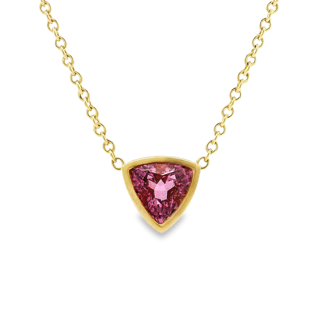 18K Yellow Gold Trillion-Cut Pink Tourmaline Bezel Necklace – 1.40ct.