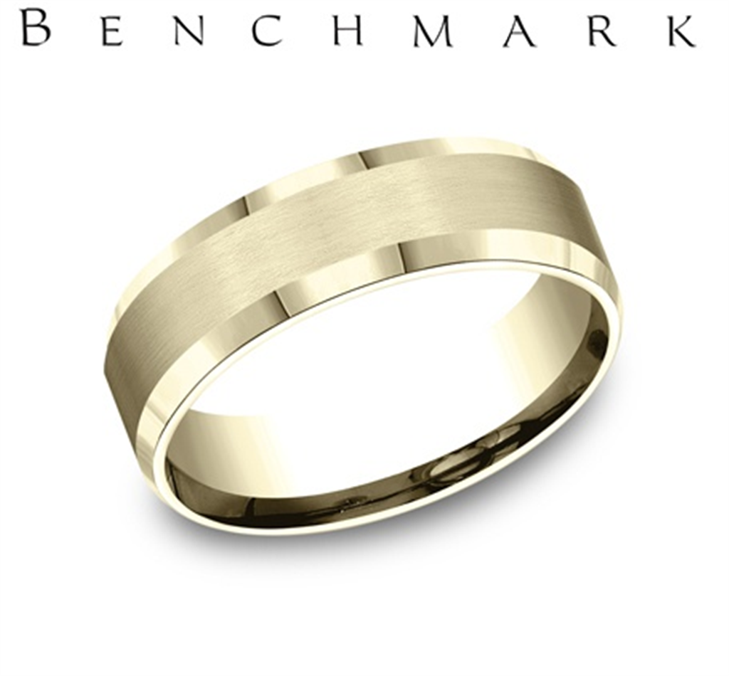 Benchmark 14K Yellow Gold Men’s Beveled Edge Wedding Band with Satin Center – 7mm