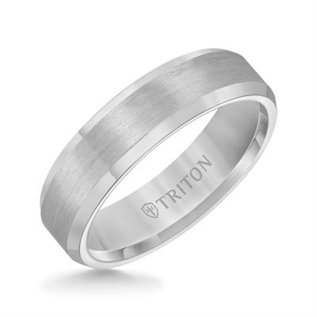 Triton Bevel Edge White Tungsten Carbide Comfort Fit Band with Satin Center and Bright Polished Edges – 6mm