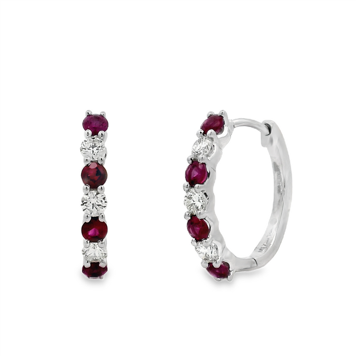 14K White Gold Oval Ruby and Diamond Hoop Earrings – 1.04ctw.