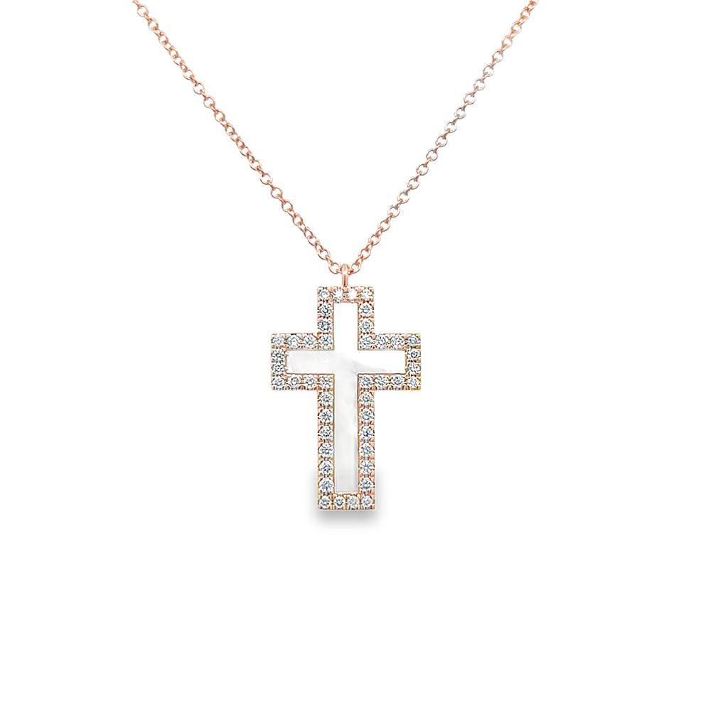 14K Rose Gold Pearl and Diamond Cross Pendant – 0.28ctw.
