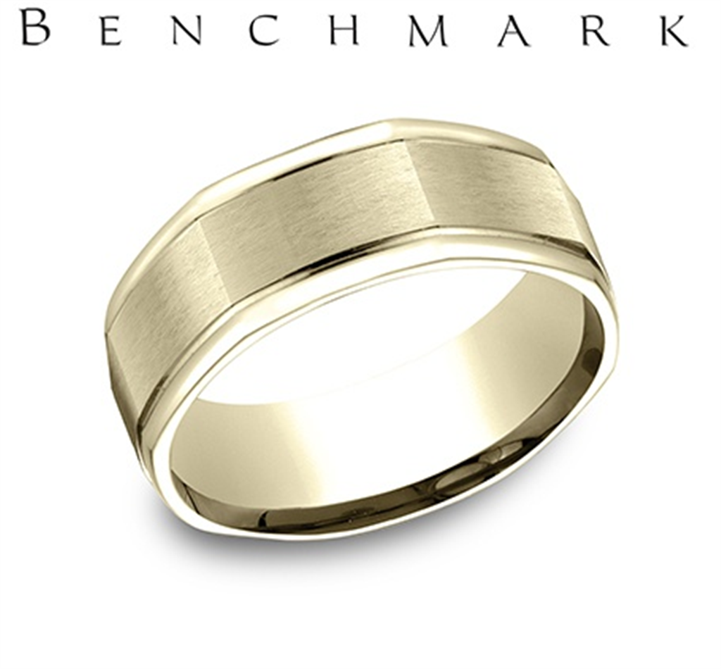 Benchmark 14K Yellow Gold Men’s Octagon Wedding Band with Satin Center and Polished Sides – 8mm