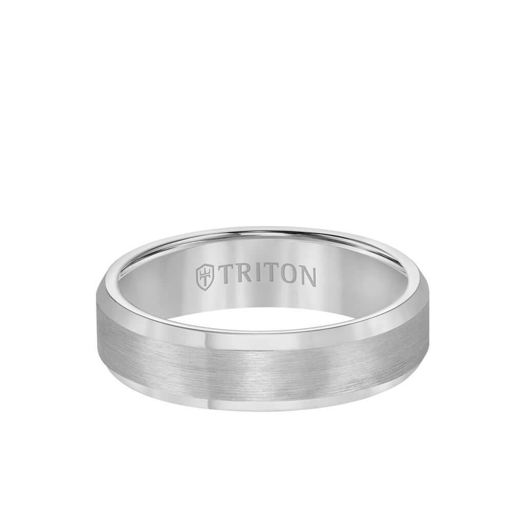 Triton Bevel Edge White Tungsten Carbide Comfort Fit Band with Satin Center and Bright Polished Edges – 6mm