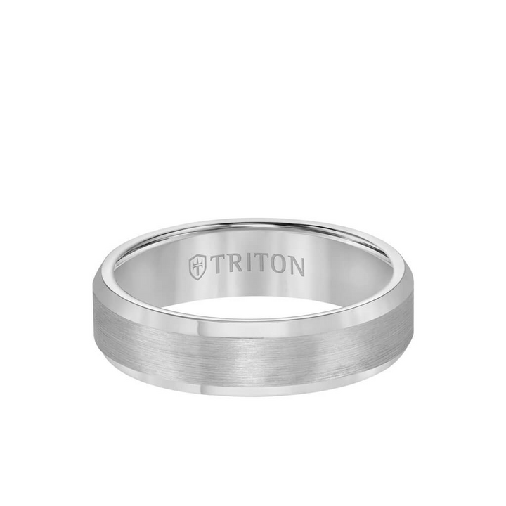 Triton Bevel Edge White Tungsten Carbide Comfort Fit Band with Satin Center and Bright Polished Edges – 6mm