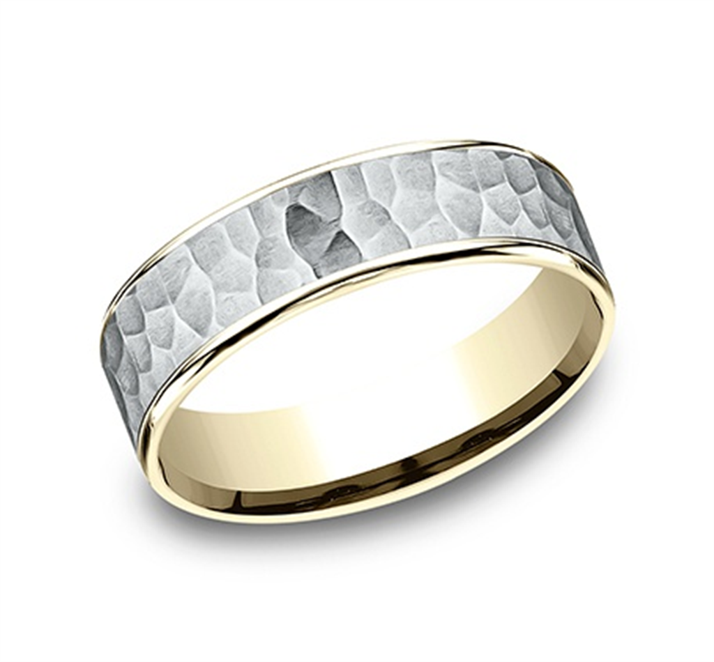 Benchmark 14K Yellow & White Gold Men’s Hammered Center Comfort Fit Wedding Band with Polished Yellow Gold Edges – 6.5mm