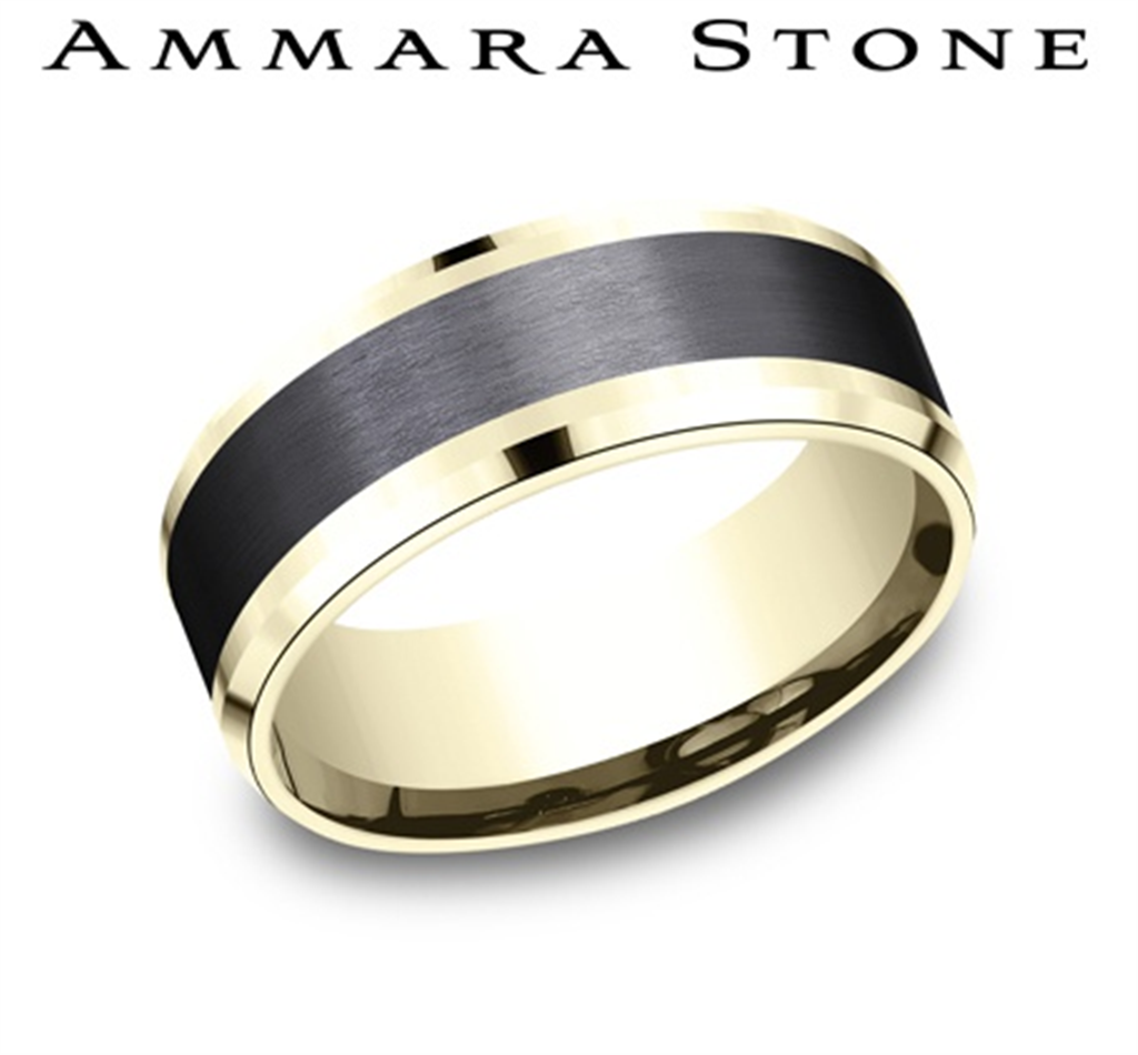 Benchmark Ammara Stone Collection 14K Yellow Gold & Titanium Men’s Beveled Edge Band with Satin Black Center – 8mm