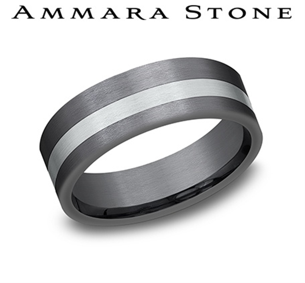 Benchmark Ammara Stone Collection 14K White Gold & Tantalum Men’s Black and Grey Stripe Band – 7mm