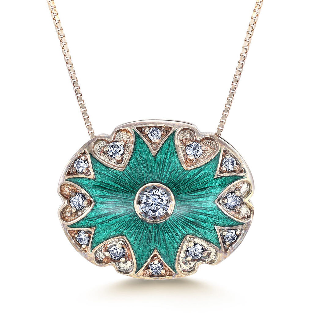 14K Yellow Gold Pendant With Diamonds & Green Enamel - 0.25ctw.