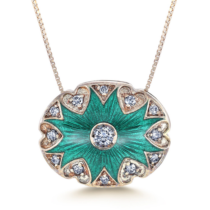 14K Yellow Gold Pendant With Diamonds & Green Enamel - 0.25ctw.