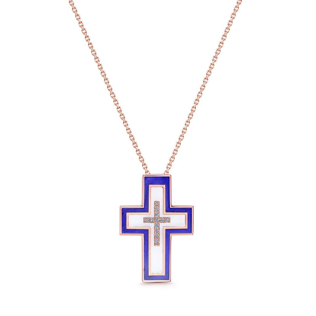 18K Rose Gold Enamel Floating Cross Pendant With Diamonds - 0.06ctw.