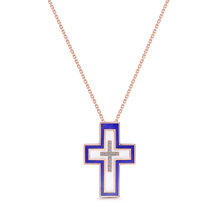 18K Rose Gold Enamel Floating Cross Pendant With Diamonds - 0.06ctw.