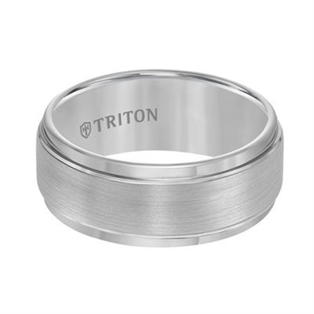 Triton Gray Tungsten Carbide Brush Finish Flat with Bright Step Edge Comfort Fit Band – 9mm