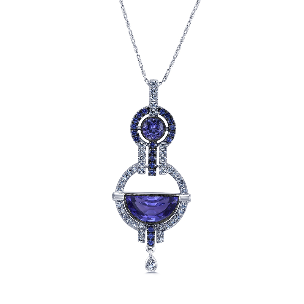 18K White Gold Tanzanite, Sapphire & Diamond Pendant