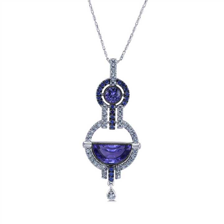 18K White Gold Tanzanite, Sapphire & Diamond Pendant