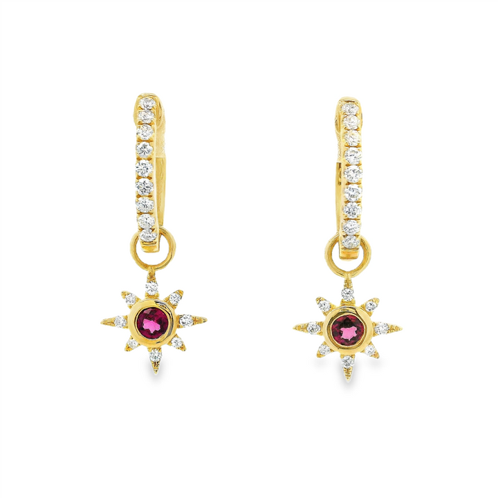 14K Yellow Gold Rhodolite Garnet Sunburst Charm Huggie Earrings – 0.33ctw. Diamonds