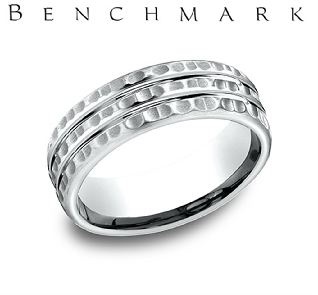 Benchmark 14K White Gold Men’s 5-Section Hammered 2-Cut Comfort Fit Wedding Band – 7.5mm